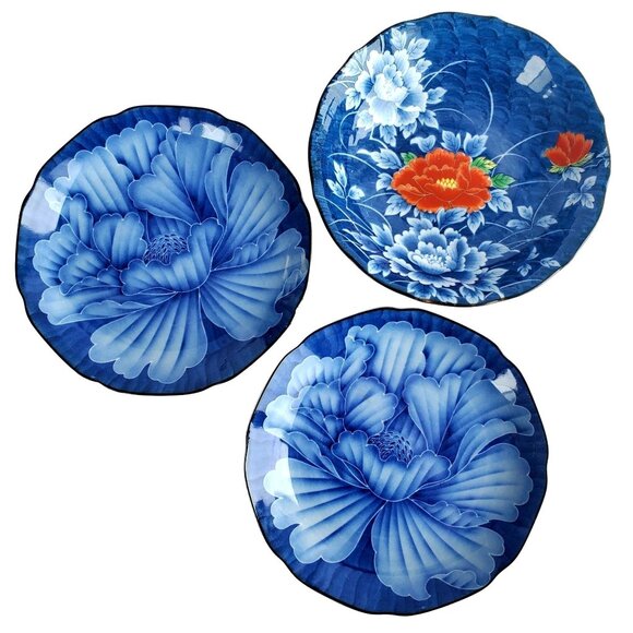 Arita Ware Japanese Porcelain 3 Bowls Blue Cobalt Pottery Floral Designs - Picture 1 of 10